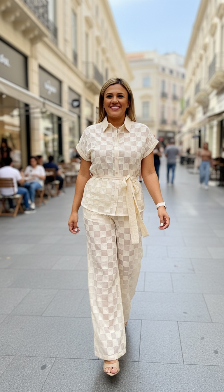 Conjunto Textura a Cuadros de Blusa y Pantalón Casual